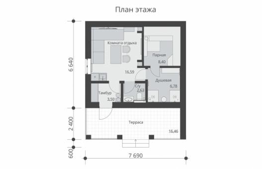 Одноэтажная баня с камином в комнате отдыха и террасой