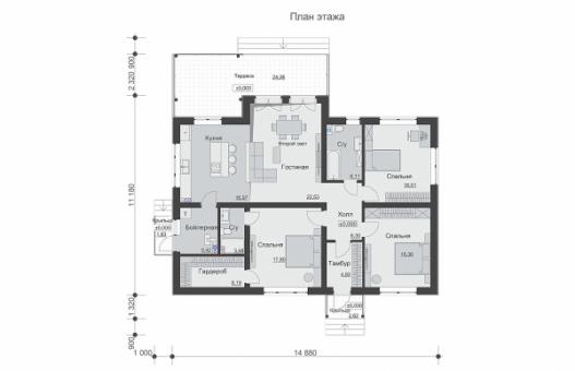 Одноэтажный дом с тремя спальнями и вторым светом в гостиной